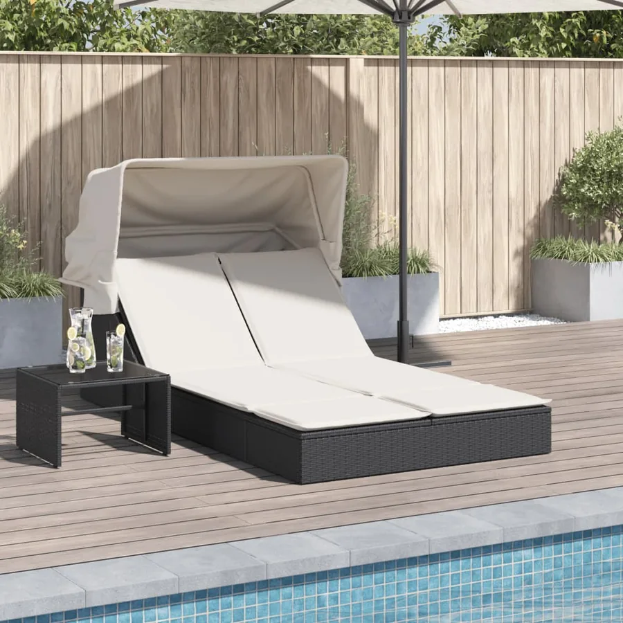 Chaise longue double et auvent et coussins gris résine tressée - 23