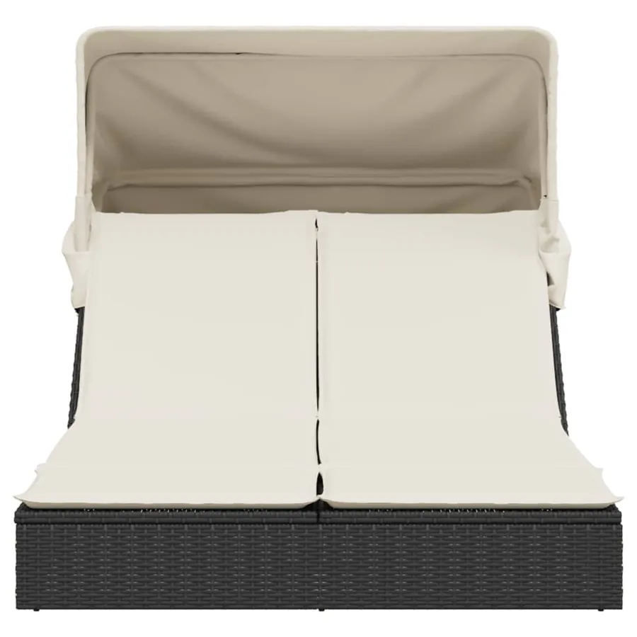 Chaise longue double et auvent et coussins gris résine tressée - 25
