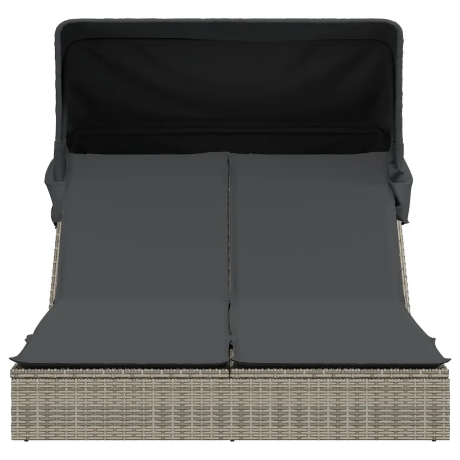 Chaise longue double et auvent et coussins gris résine tressée - 3