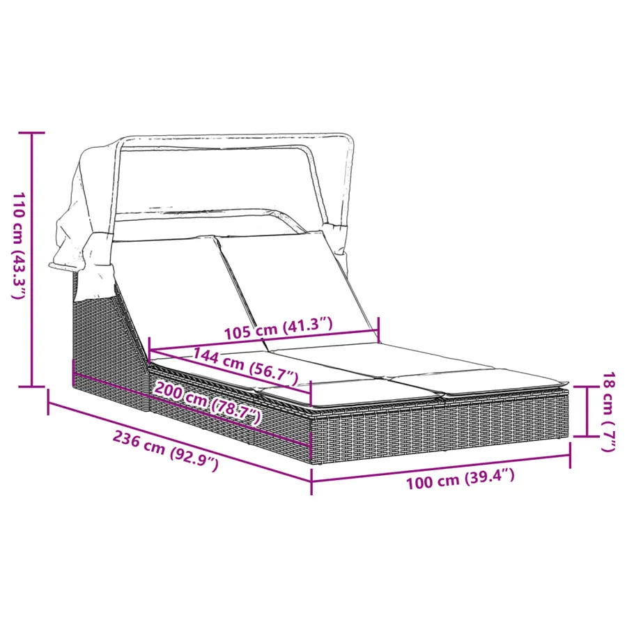 Chaise longue double et auvent et coussins gris résine tressée - 30