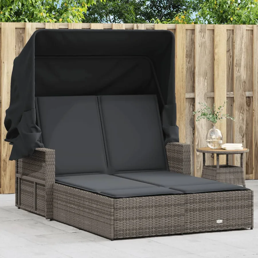 Chaise longue double et auvent et coussins gris résine tressée - 32