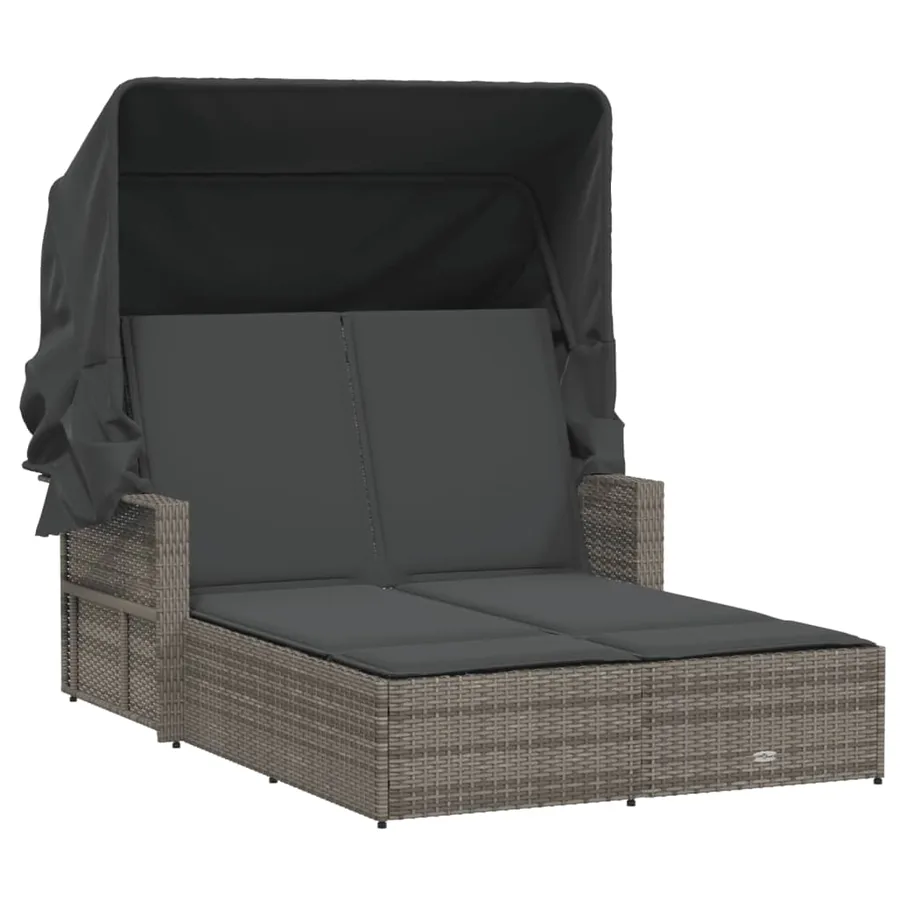 Chaise longue double et auvent et coussins gris résine tressée - 33