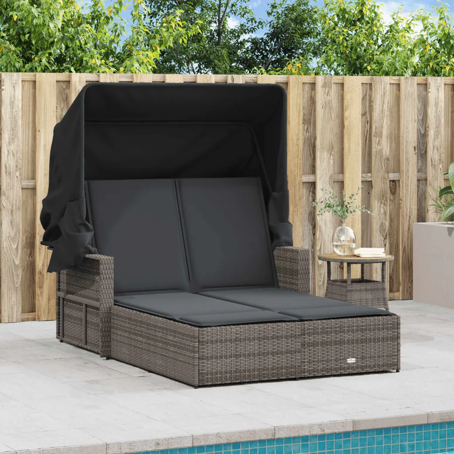 Chaise longue double et auvent et coussins gris résine tressée - 34