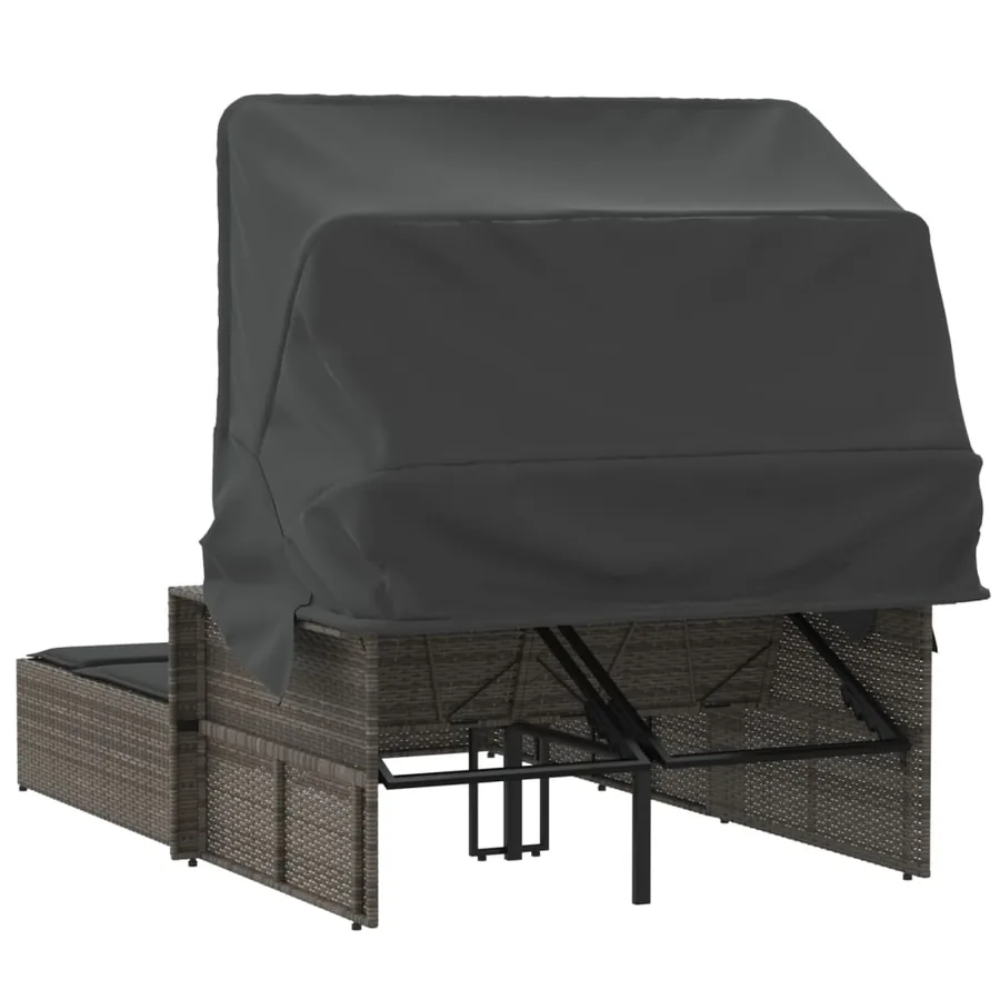 Chaise longue double et auvent et coussins gris résine tressée - 37