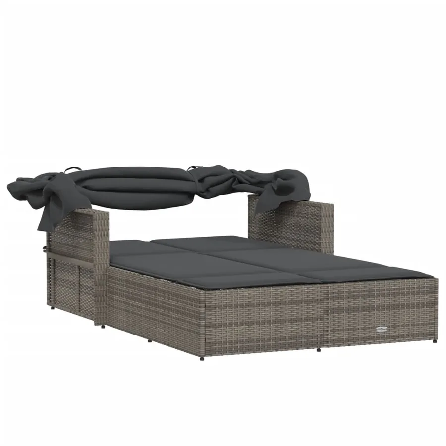 Chaise longue double et auvent et coussins gris résine tressée - 38
