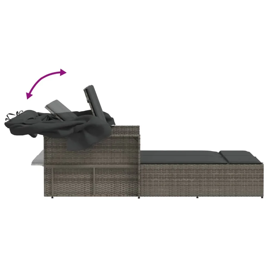 Chaise longue double et auvent et coussins gris résine tressée - 39
