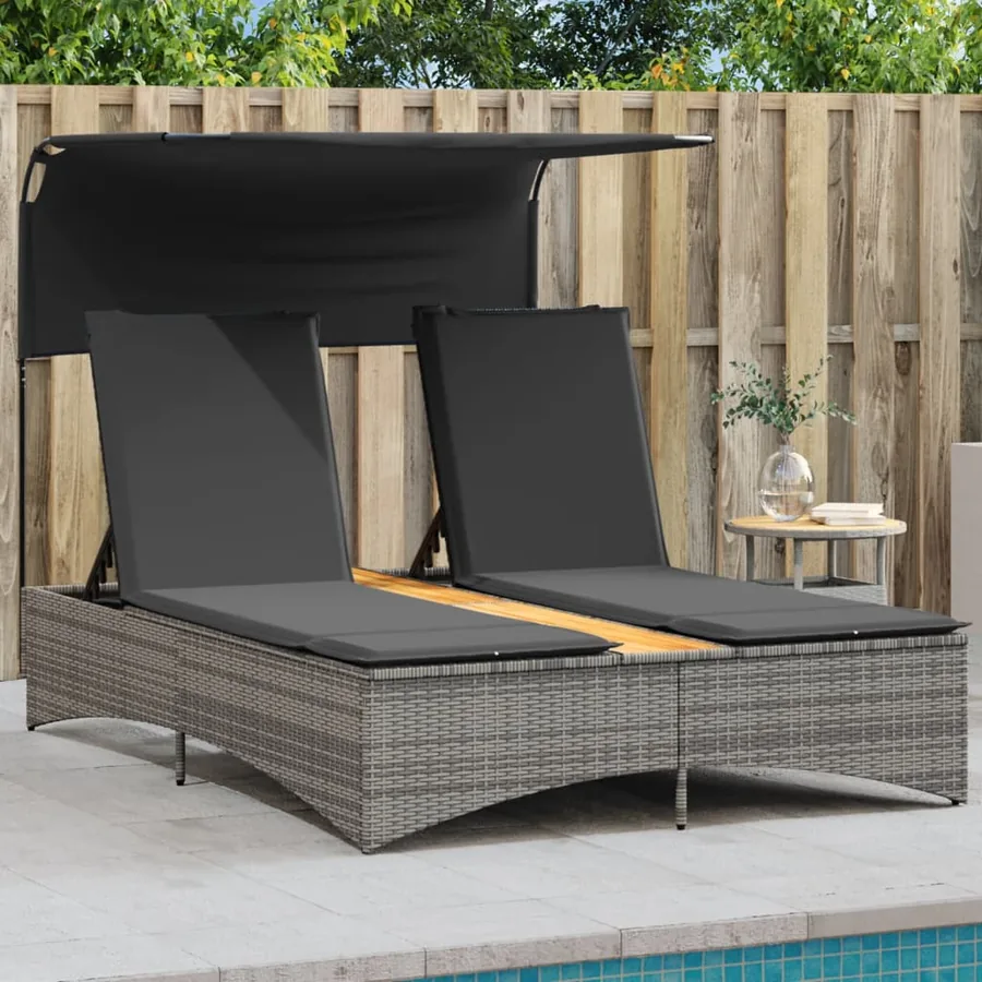 Chaise longue double et auvent et coussins gris résine tressée - 45