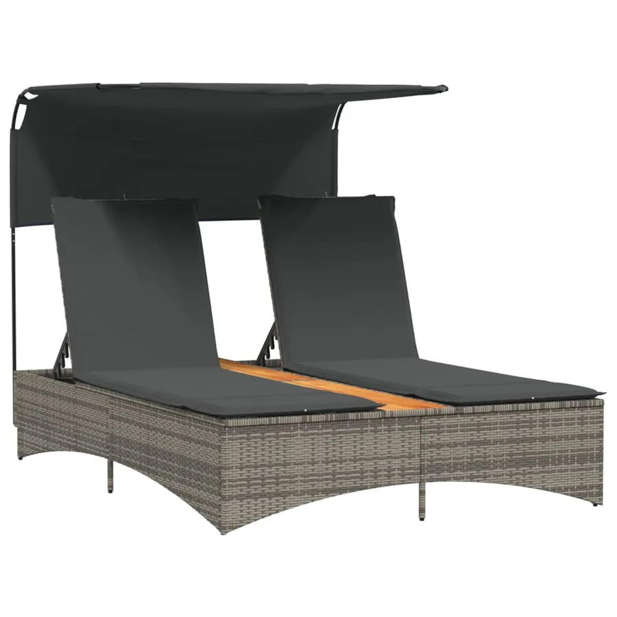 Chaise longue double et auvent et coussins gris résine tressée - 46