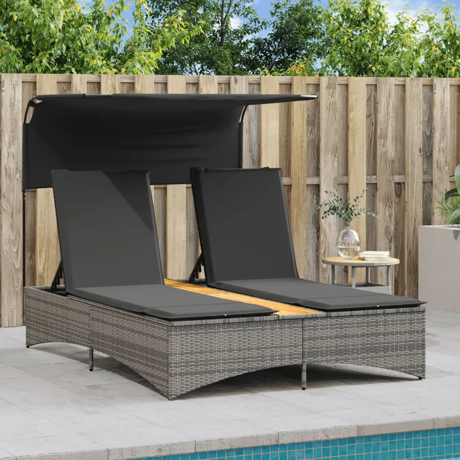 Chaise longue double et auvent et coussins gris résine tressée - 47