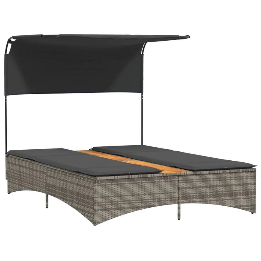 Chaise longue double et auvent et coussins gris résine tressée - 48
