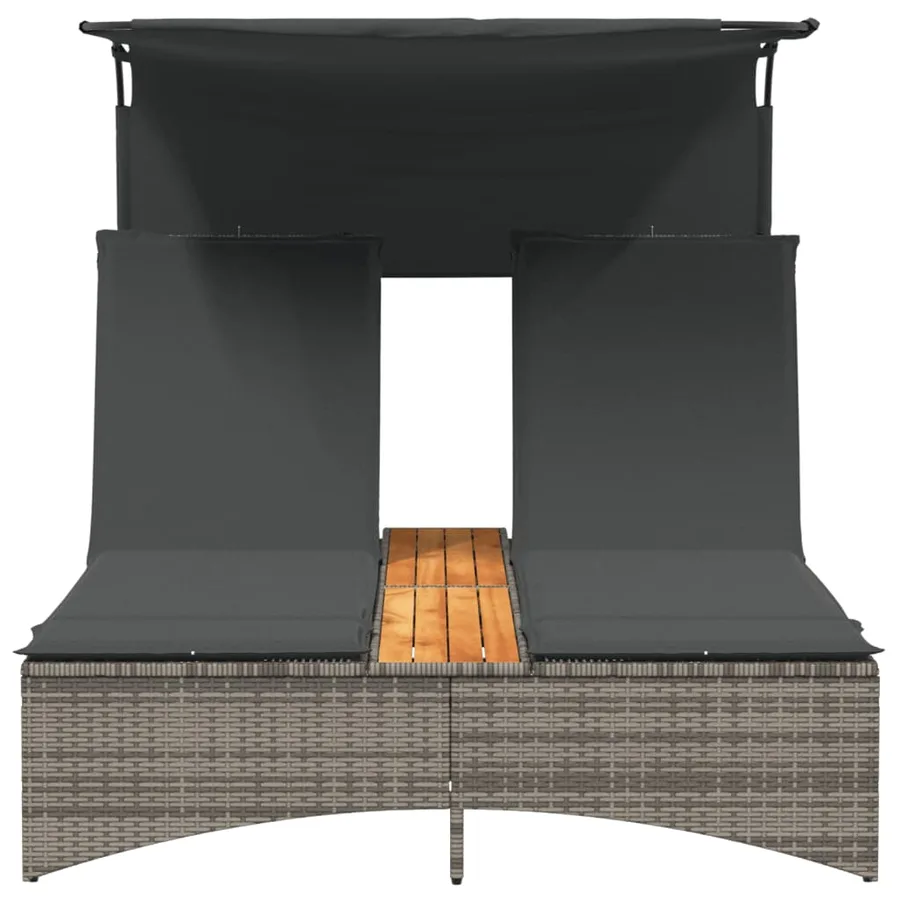Chaise longue double et auvent et coussins gris résine tressée - 49