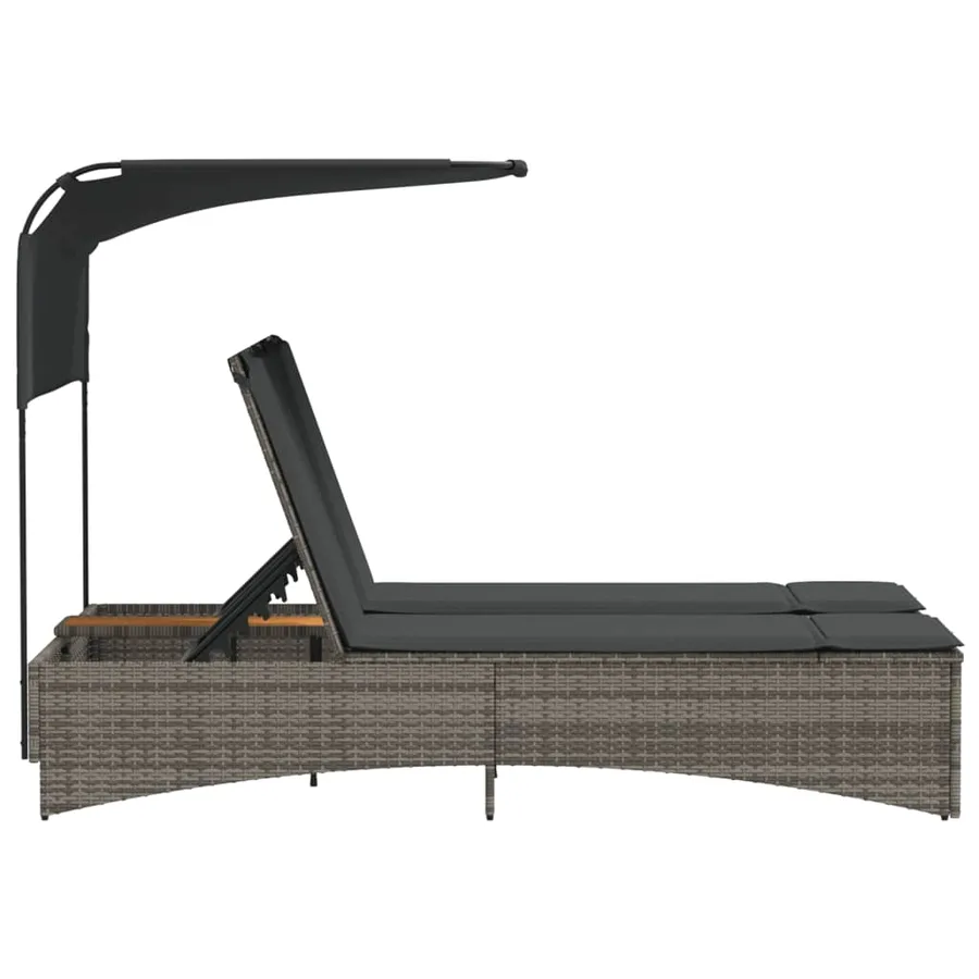 Chaise longue double et auvent et coussins gris résine tressée - 50