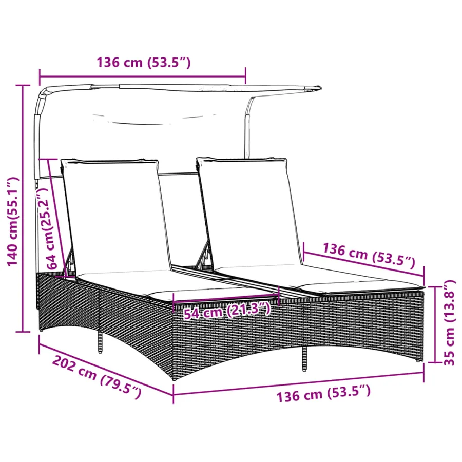 Chaise longue double et auvent et coussins gris résine tressée - 55