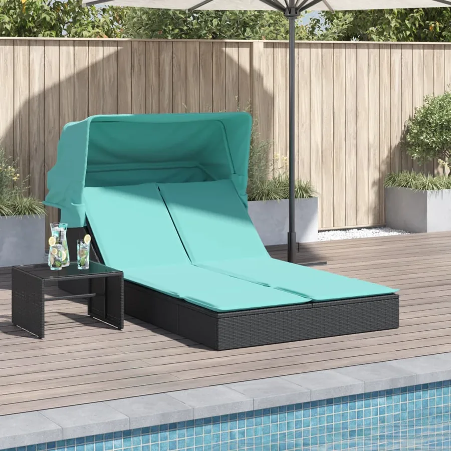 Chaise longue double et auvent et coussins gris résine tressée - 56