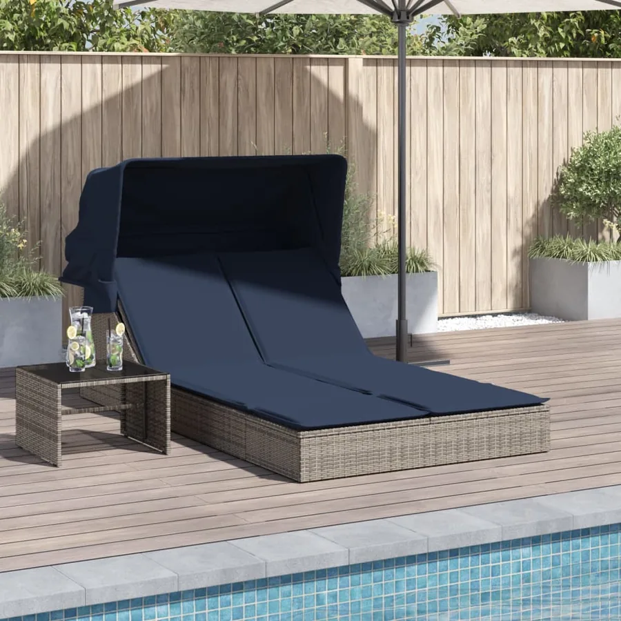 Chaise longue double et auvent et coussins gris résine tressée - 76