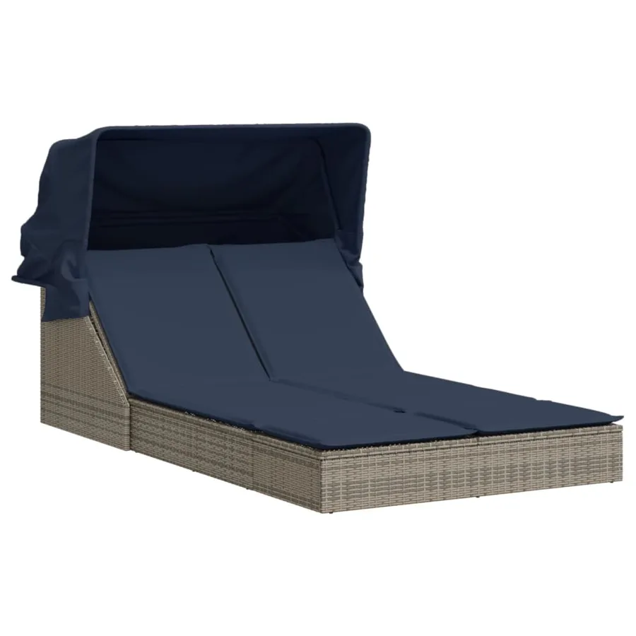 Chaise longue double et auvent et coussins gris résine tressée - 77