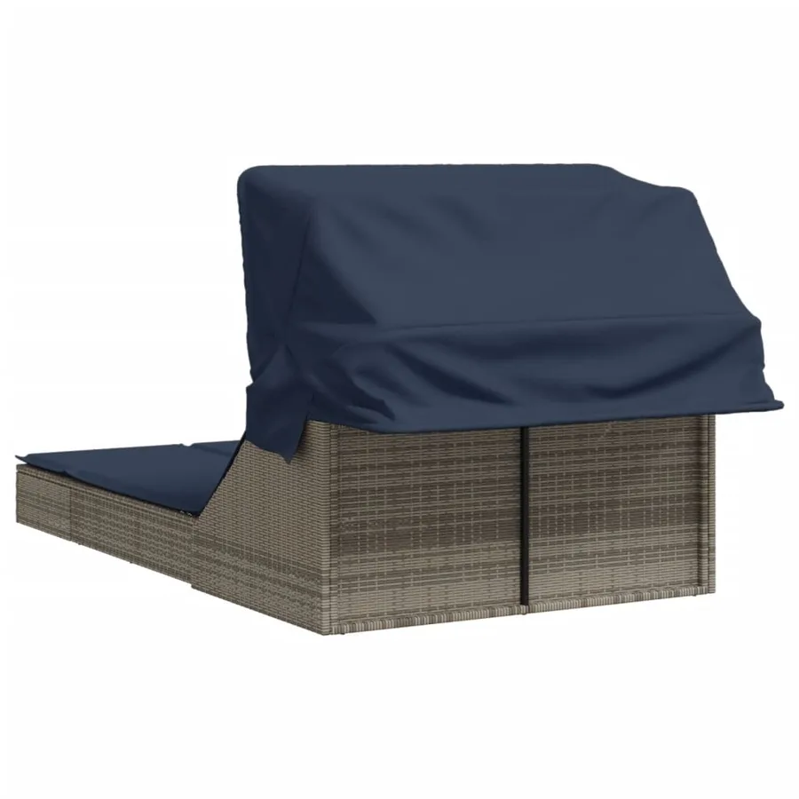 Chaise longue double et auvent et coussins gris résine tressée - 80