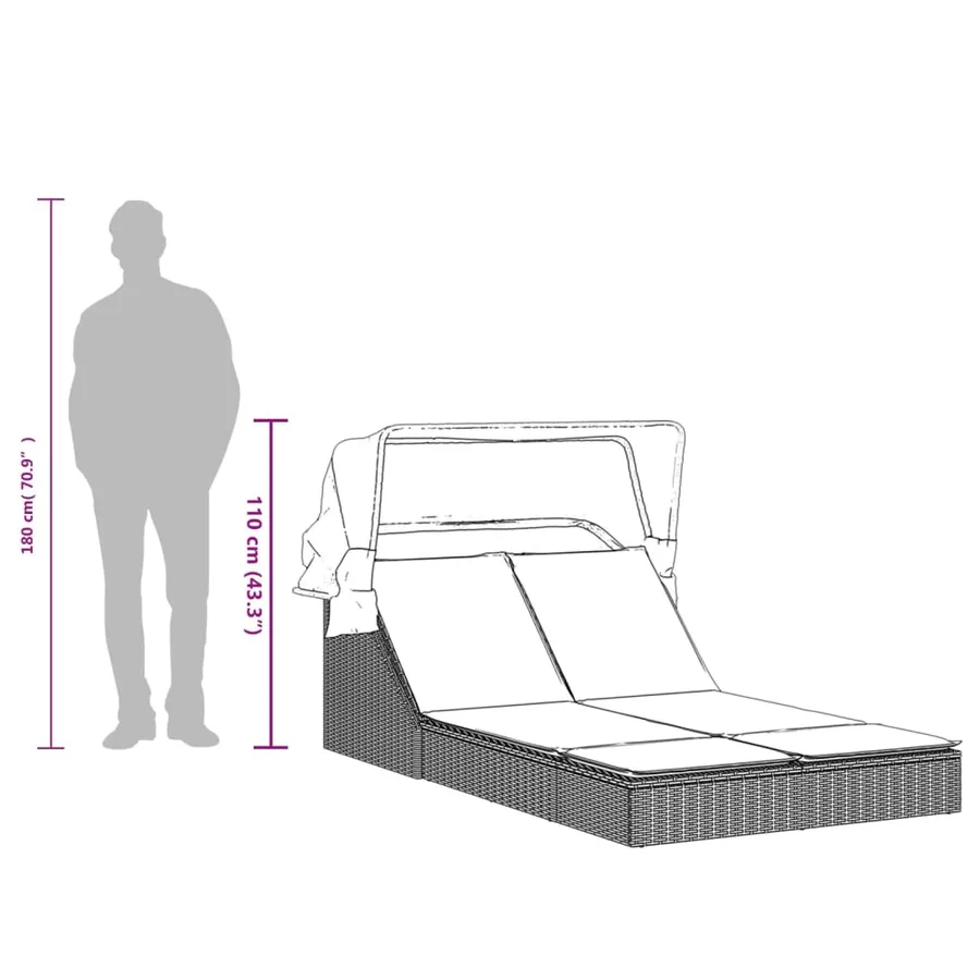 Chaise longue double et auvent et coussins gris résine tressée - 84