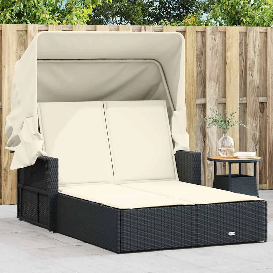 Chaise longue double et auvent et coussins gris résine tressée - 85