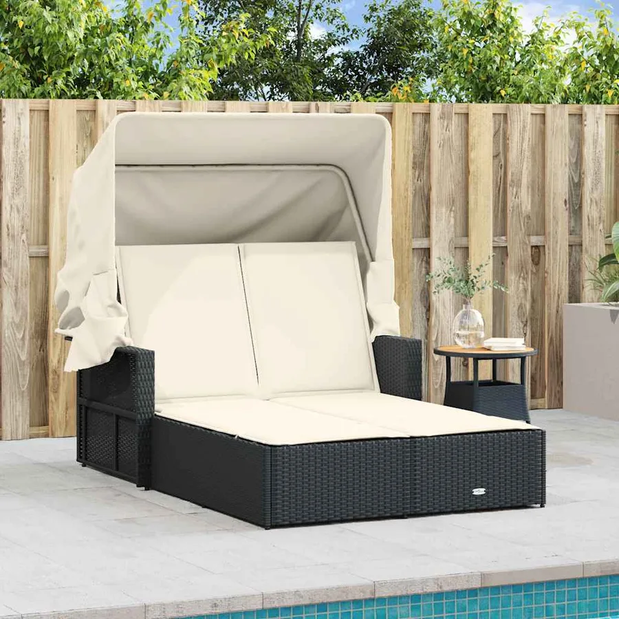 Chaise longue double et auvent et coussins gris résine tressée - 87