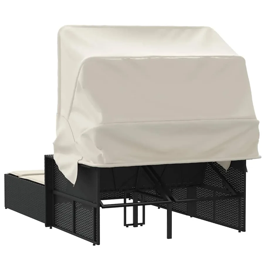 Chaise longue double et auvent et coussins gris résine tressée - 90