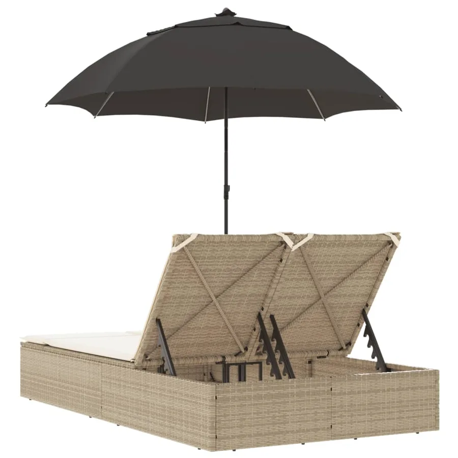 Chaise longue double avec coussins et parasol beige poly rotin - 16