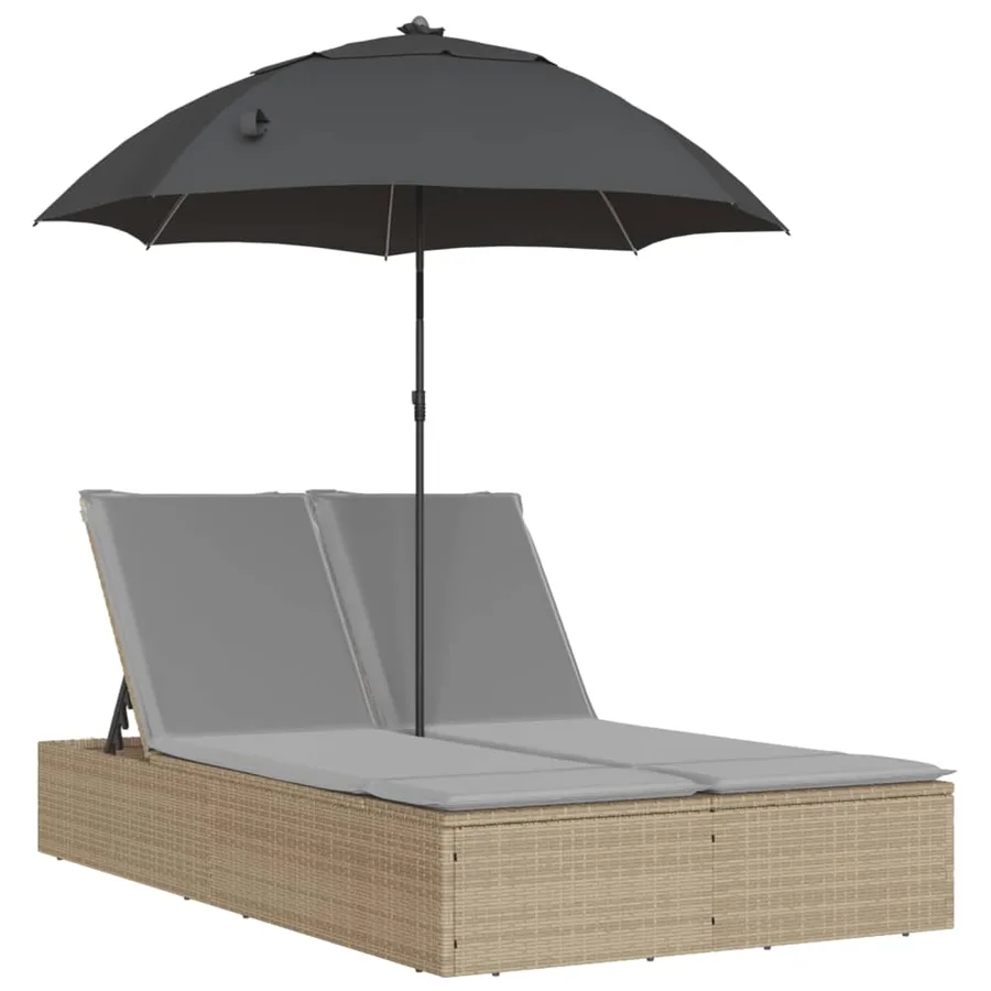 Chaise longue double avec coussins et parasol beige poly rotin - 2