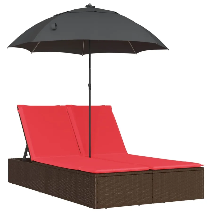 Chaise longue double avec coussins et parasol beige poly rotin - 22