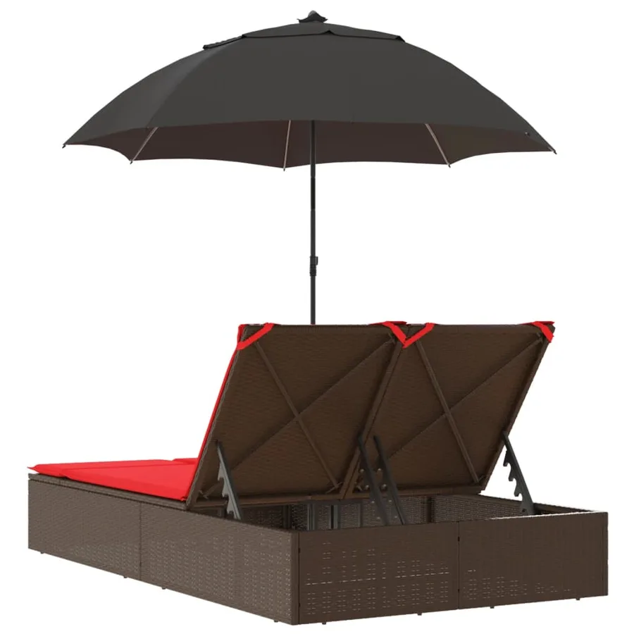 Chaise longue double avec coussins et parasol beige poly rotin - 26