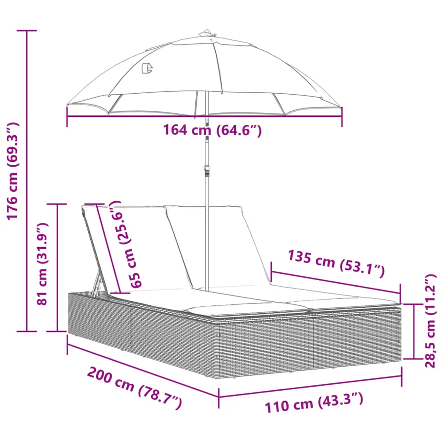 Chaise longue double avec coussins et parasol beige poly rotin - 39