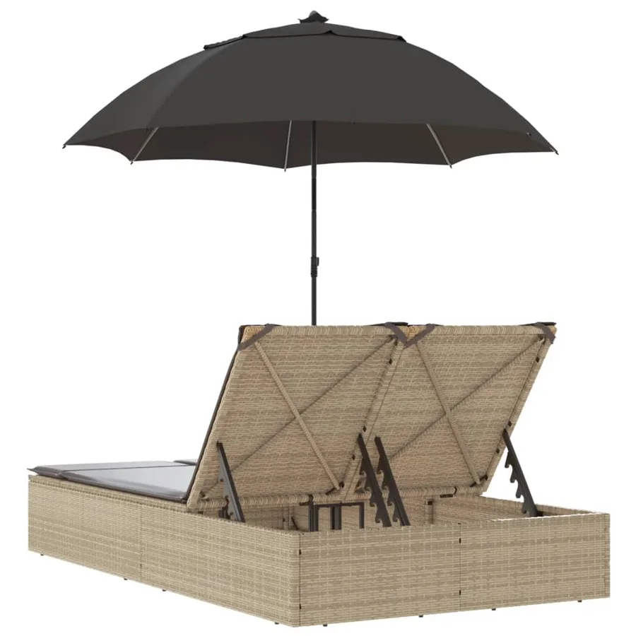 Chaise longue double avec coussins et parasol beige poly rotin - 6