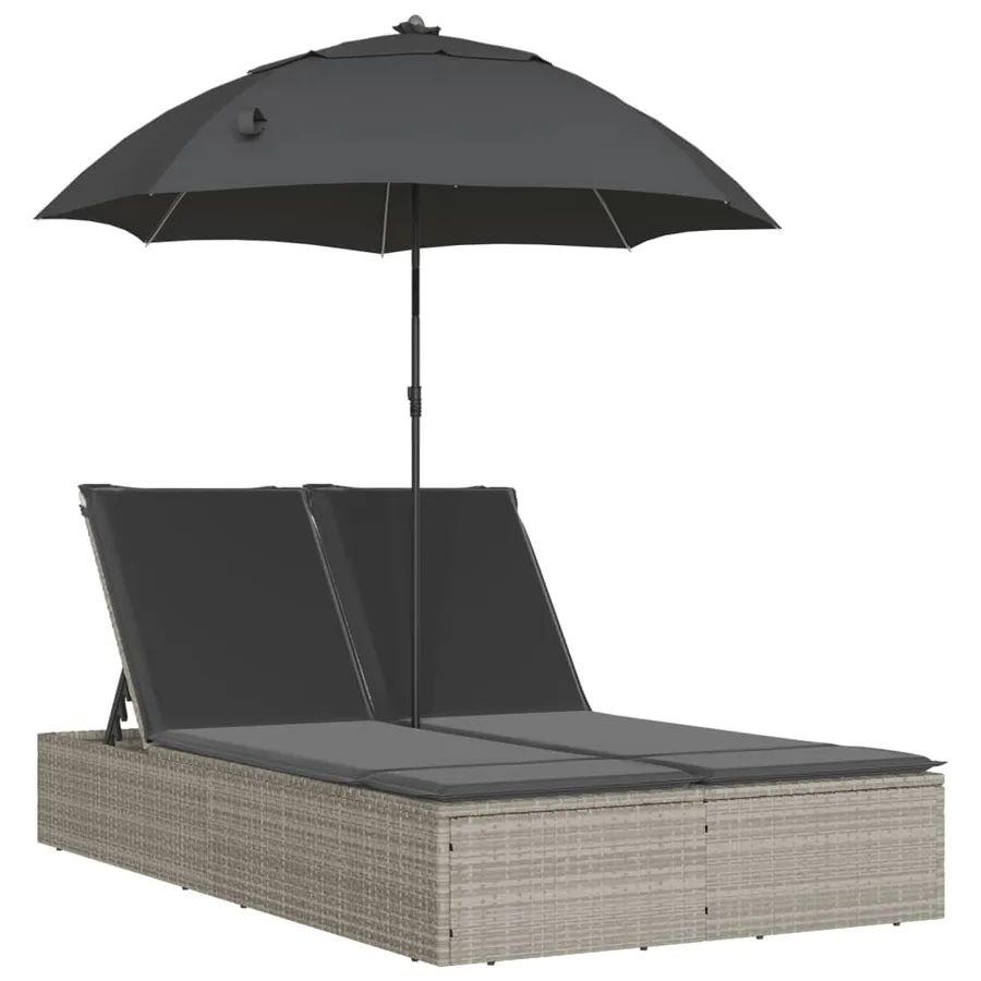 Chaise longue double avec coussins et parasol gris clair rotin - 2