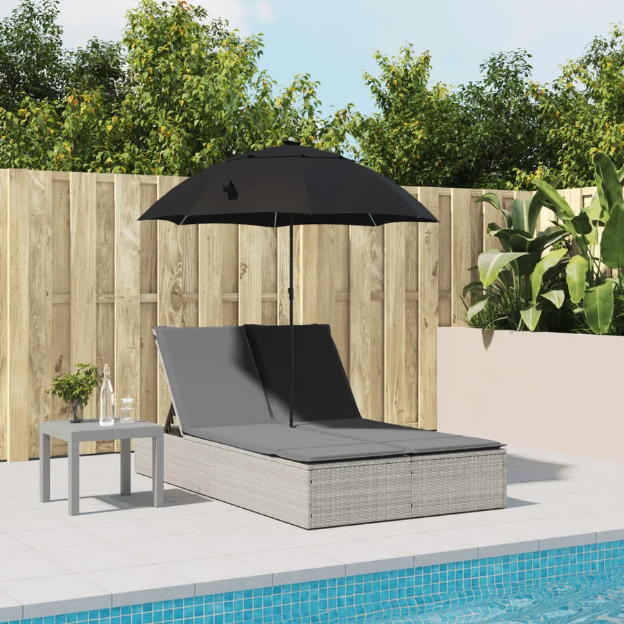 Chaise longue double avec coussins et parasol gris clair rotin - 3