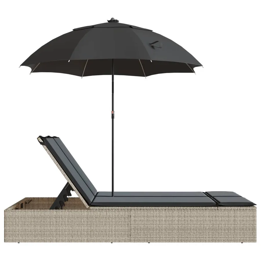 Chaise longue double avec coussins et parasol gris clair rotin - 5