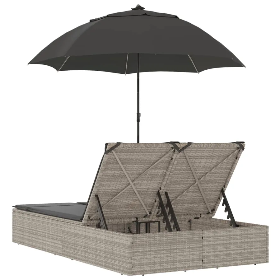 Chaise longue double avec coussins et parasol gris clair rotin - 6