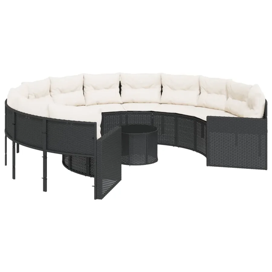 Canapé de jardin avec table coussins rond noir résine tressée - 2