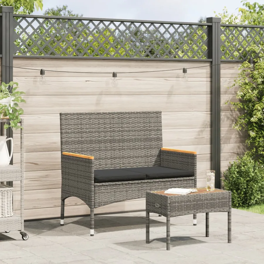 Banc de jardin 2 places avec coussins/table gris résine tressée