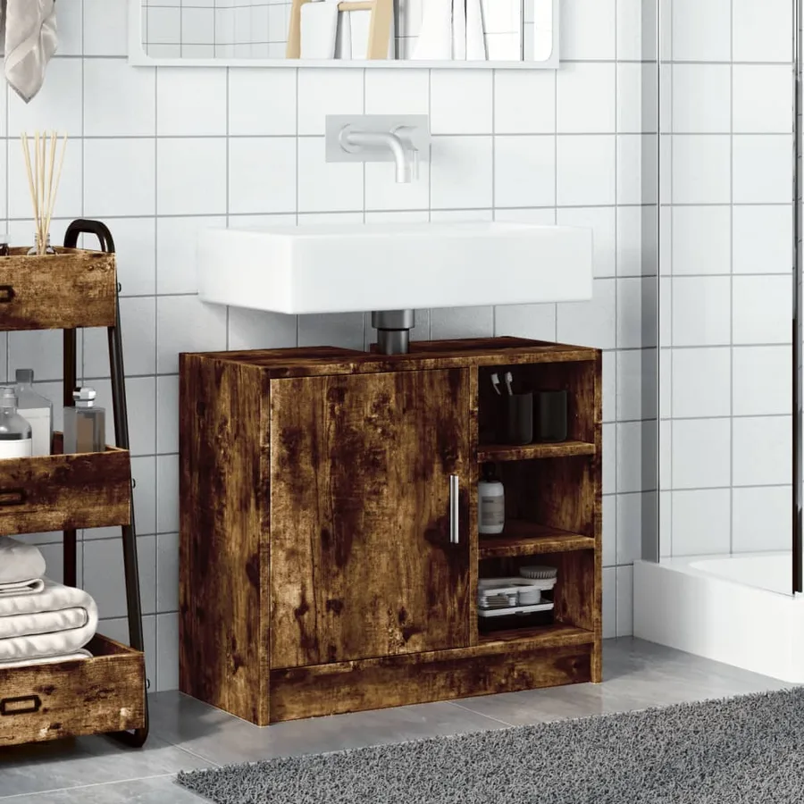 Armoire de lavabo chêne fumé 63x29x55 cm bois d'ingénierie - 3