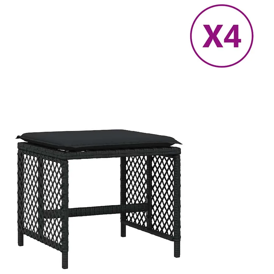 Tabourets de jardin et coussins lot de 4 noir 41x41x36 cm rotin - 2