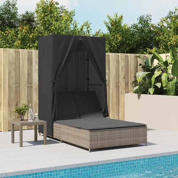Chaise longue double avec toit et rideaux gris résine tressée