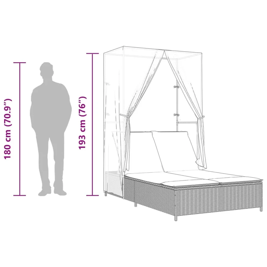 Chaise longue double avec toit et rideaux gris résine tressée - 10