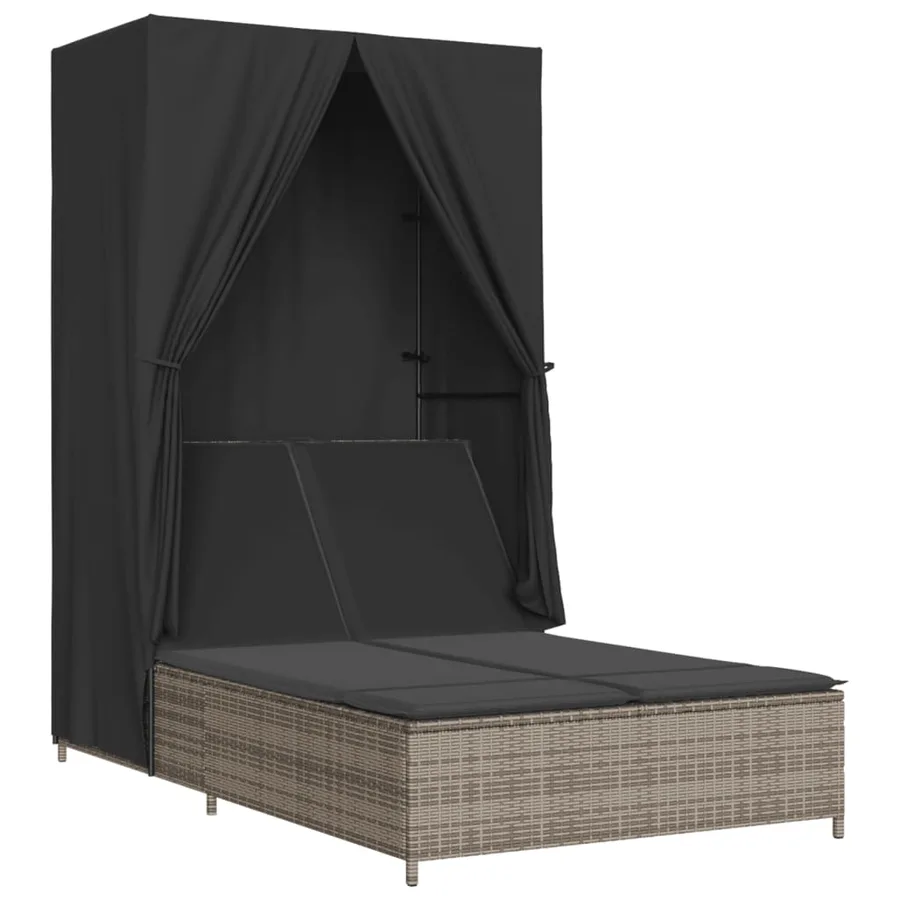 Chaise longue double avec toit et rideaux gris résine tressée - 2