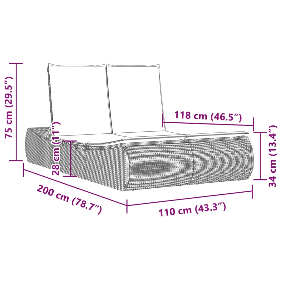 Chaise longue double avec coussins gris résine tressée - 9