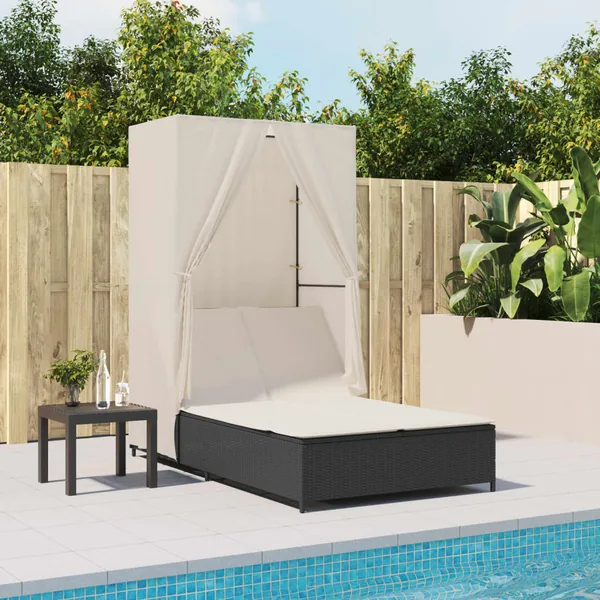Chaise longue double avec toit et rideaux noir résine tressée