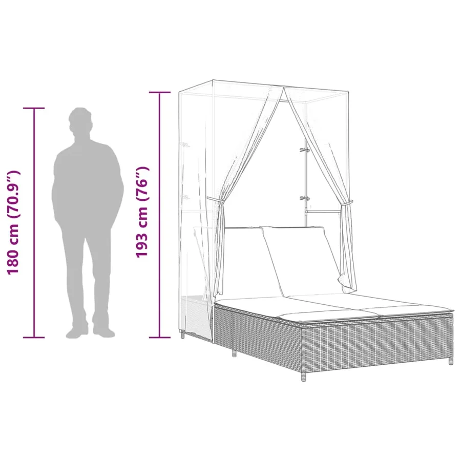 Chaise longue double avec toit et rideaux noir résine tressée - 10