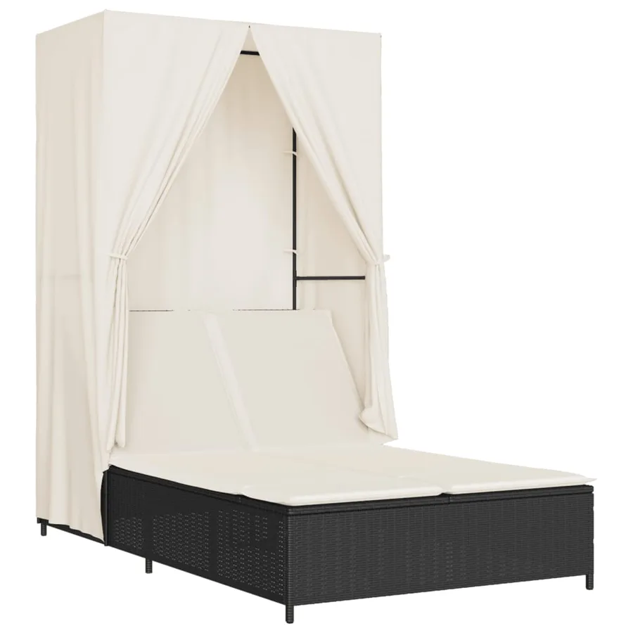 Chaise longue double avec toit et rideaux noir résine tressée - 2