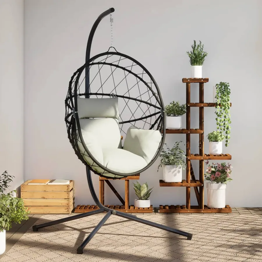 Chaise suspendue en forme d'œuf et support beige rotin et acier