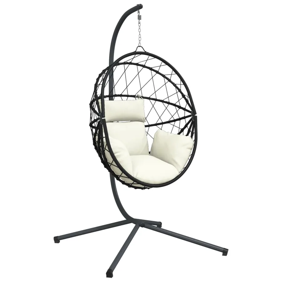 Chaise suspendue en forme d'œuf et support beige rotin et acier - 2