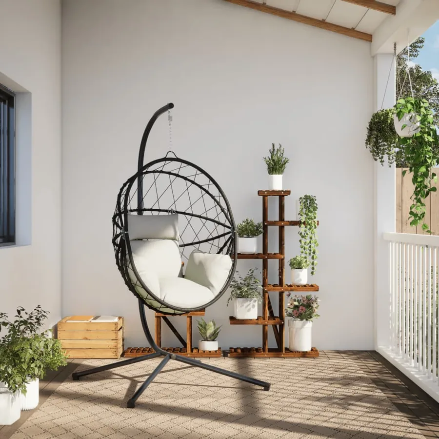 Chaise suspendue en forme d'œuf et support beige rotin et acier - 3