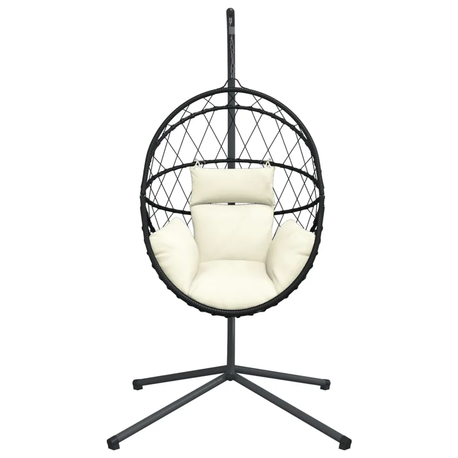 Chaise suspendue en forme d'œuf et support beige rotin et acier - 4